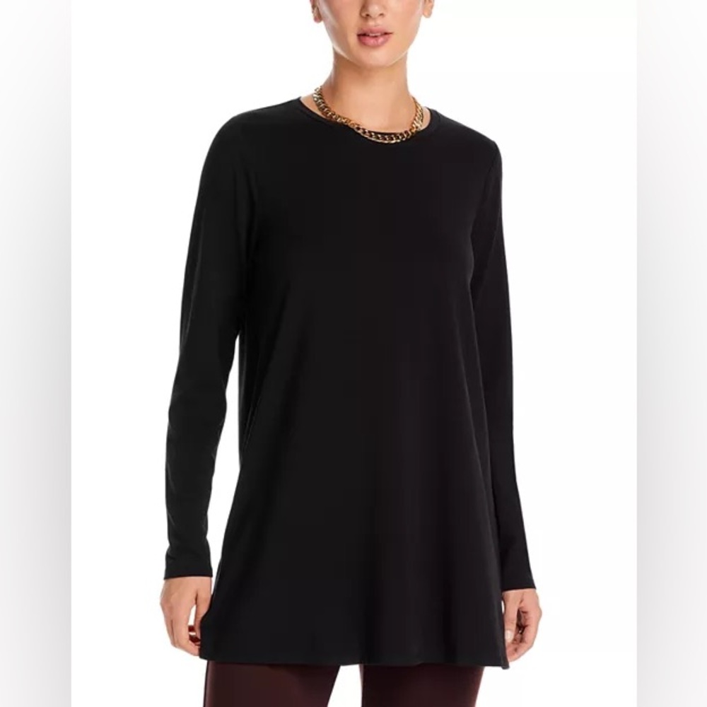 Eileen Fisher Crewneck Long Sleeve Side Slits Tunic Tee Black Size Small